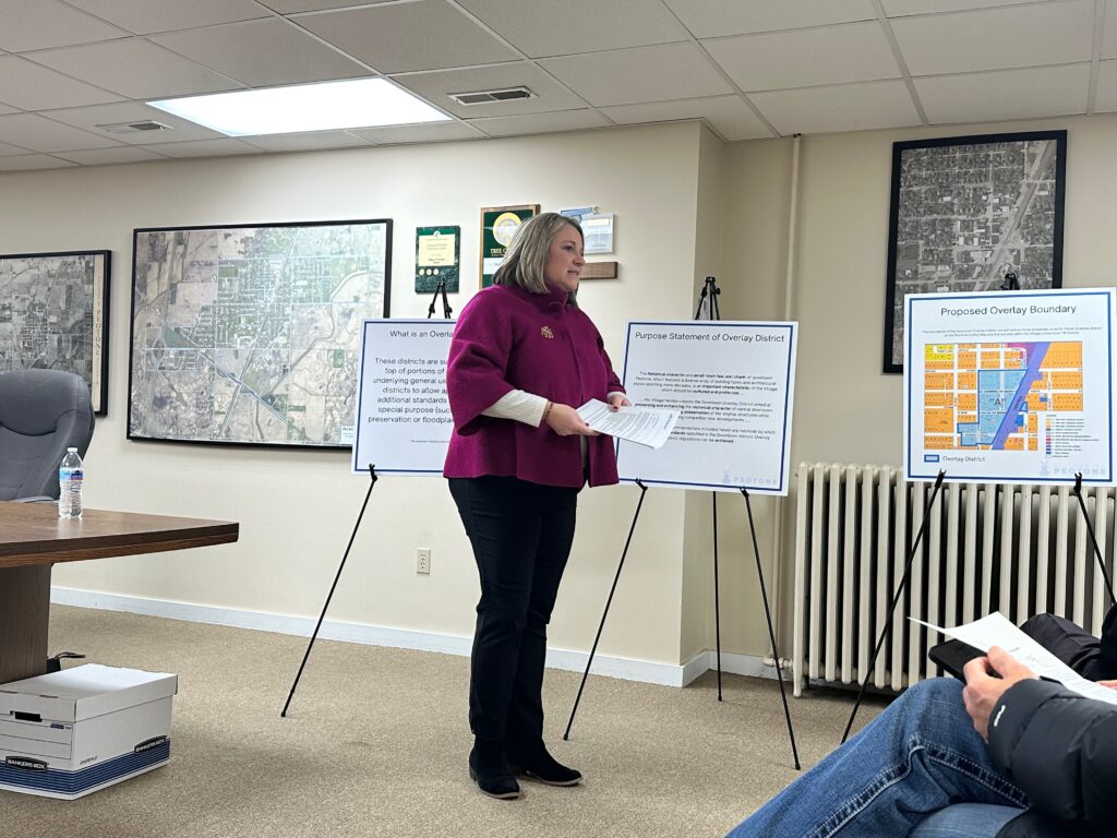Maura Rigoni of Robinson Engineering addresses the crowd at the Peotone Historic Overlay District Open House on January 21st-photo by Andrea Arens.