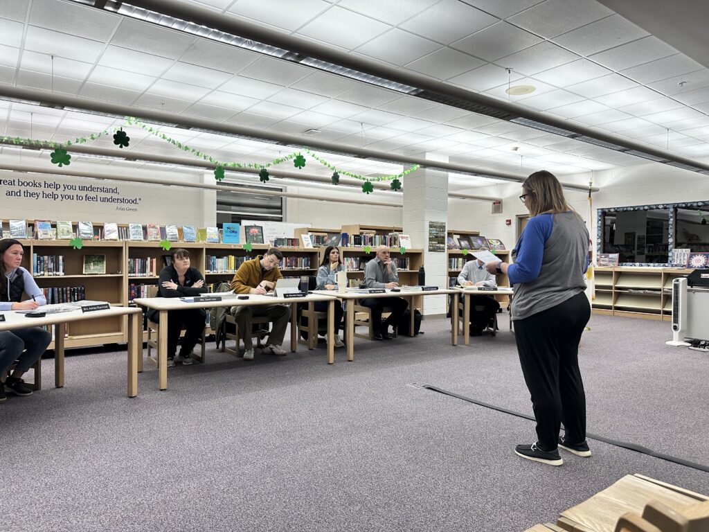 Vice President of the Peotone Teachers Union addressed the board on March 2-photo by Andrea Arens.