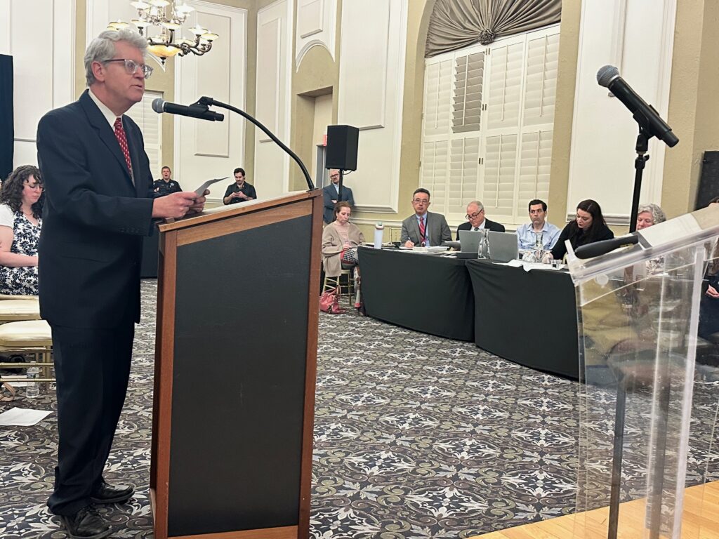 Attorney Steven Becker spoke on March 30th and again at the land use committee meeting on April 2. Becker filed the lawsuit and the temporary restraining order-photo by Andrea Arens.