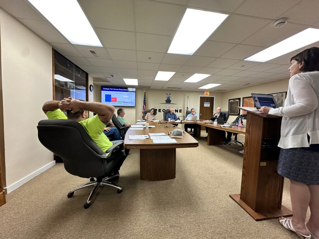 Cory Plasch presents the strategic planning results to the Peotone Village Board on May 18. Photo by Andrea Arens.