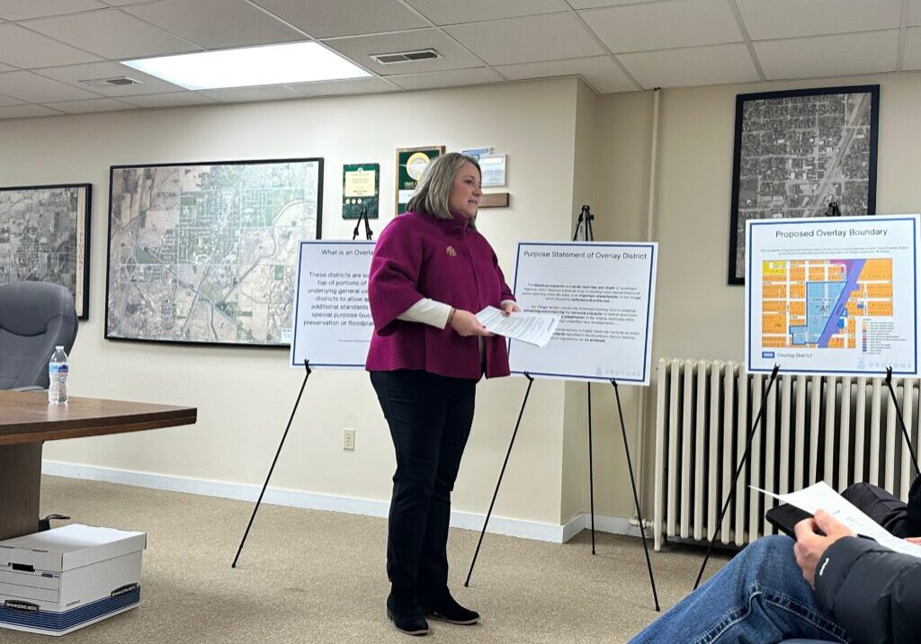 Maura Rigoni of Robinson Engineering addresses the crowd at the Peotone Historic Overlay District Open House on January 21st-photo by Andrea Arens.