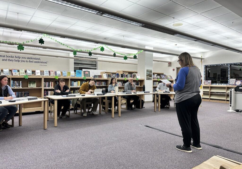 Vice President of the Peotone Teachers Union addressed the board on March 2-photo by Andrea Arens.