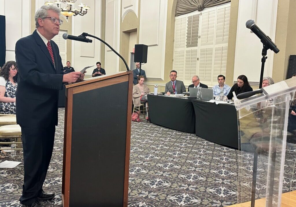 Attorney Steven Becker spoke on March 30th and again at the land use committee meeting on April 2. Becker filed the lawsuit and the temporary restraining order-photo by Andrea Arens.