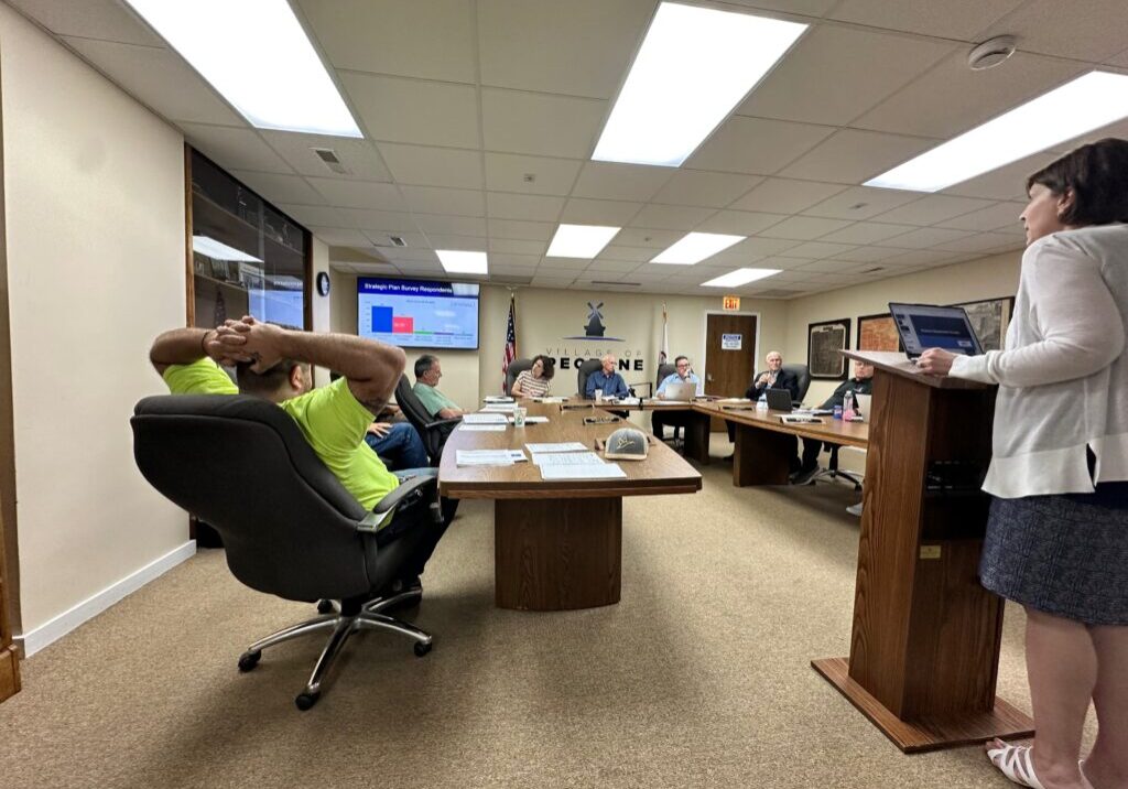 Cory Plasch presents the strategic planning results to the Peotone Village Board on May 18. Photo by Andrea Arens.